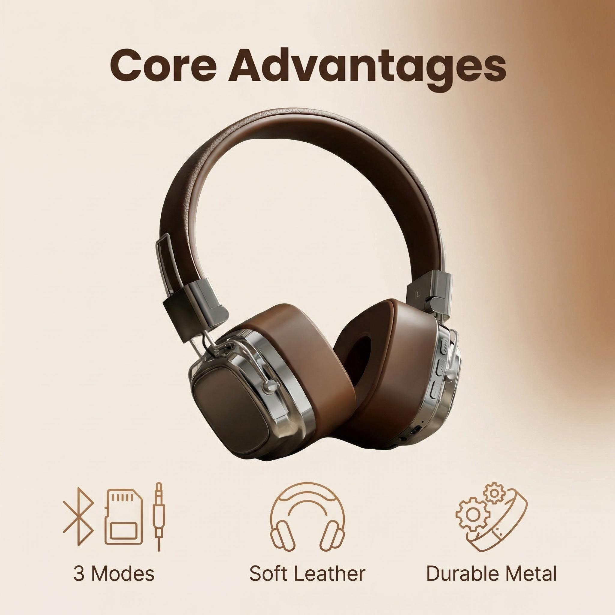 Audio Music Apple - سماعات رأس جلدية كلاسيكية لاسلكية بتقنية